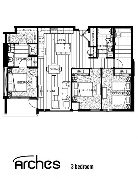 Floor plan for 3 beds, 2 baths, 1230 sqft